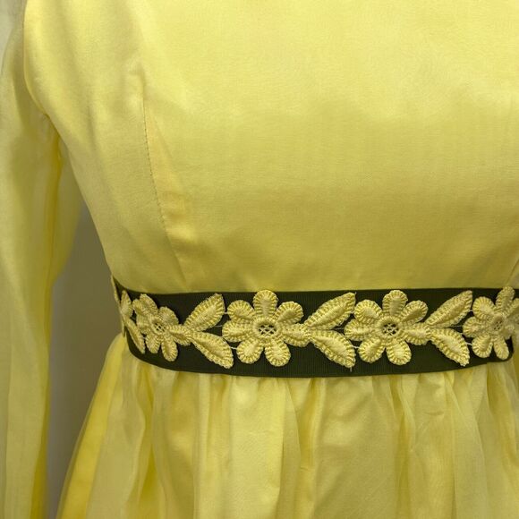 Vintage 60s Lorrie Deb Dress Small Yellow Chiffon Ruffles Embroider Daisy Trim - Picture 5 of 11
